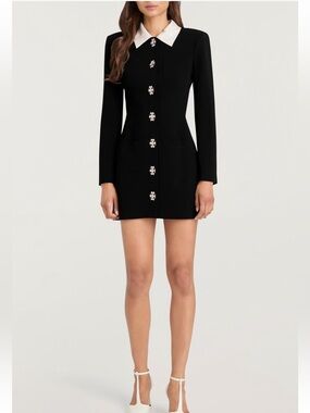 cinq a sept Black Mini Dress with White Collar and Jewel Buttons